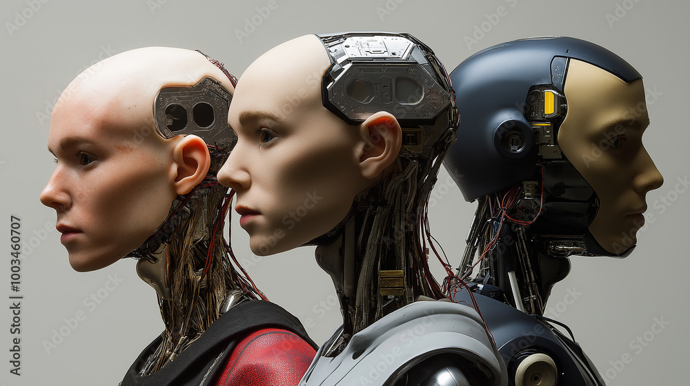 Poster Three humanoid robots looking left with neutral expressions