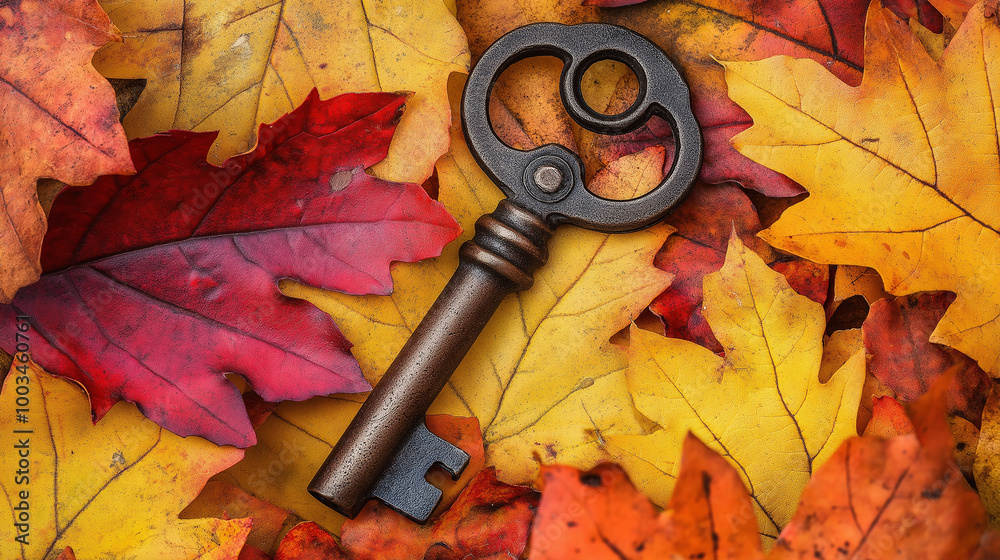 Poster old key resting on vibrant colorful autumn leaves