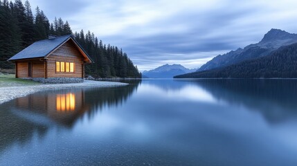 Fototapeta premium Serene lakeside cabin surrounded by mountains at twilight, reflecting in the calm water.