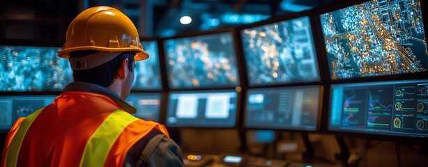 A worker in an oil and gas control room with multiple monitors displaying location maps, data graphs, and visualization graphics, wearing a hard hat and an orange safety vest