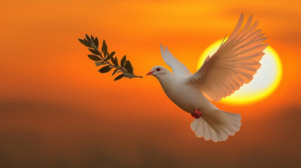 White dove carrying olive branch flying at sunset as symbol of peace