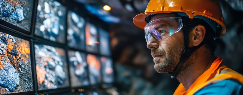 A mining worker wearing a helmet is working on a computer with multiple screens displaying images of rocks and a map, in a close-up shot