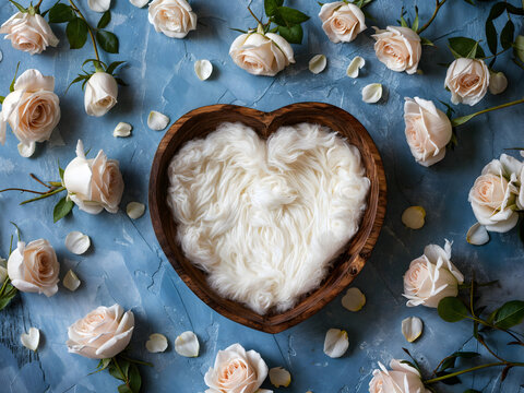 blue background with white rose petals and a heart shape newborn digital backdrop