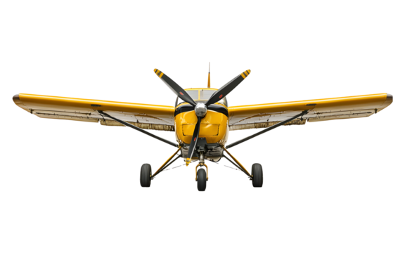 yellow airplane with propeller flying on a transparent background.