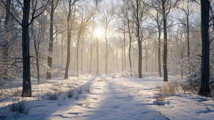 Obraz premium A Path Through a Snowy Forest with Sunlight Filtering Through the Trees