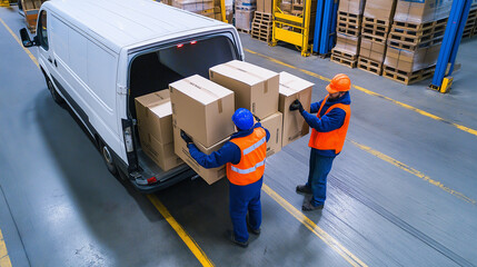Warehouse workers loading cardboard boxes into a delivery van