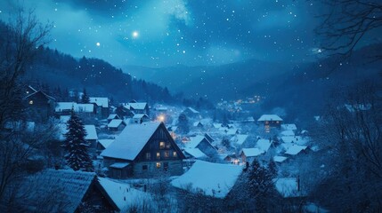 Fototapeta premium A serene winter village illuminated under a starlit sky, surrounded by snow-covered mountains and peaceful nature.