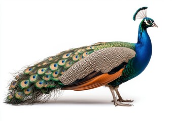 Obraz premium A beautiful peacock with its feathers spread out in a full display. The bird is standing on a white background and looking to the right.