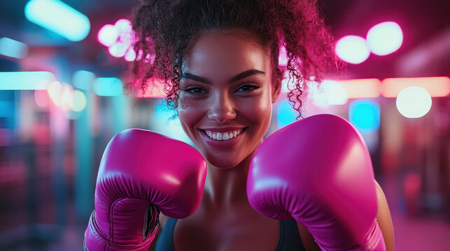 Smiling woman with pink boxing gloves in urban gym, showcasing confidence and strength. vibrant atmosphere enhances her energetic spirit - Powered by Adobe