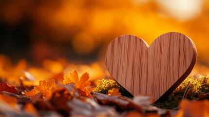 wooden heart rests on vibrant moss, surrounded by orange autumn leaves. This serene fall scene evokes feelings of warmth, love, and the natural cycles of life, blending nature and emotion