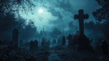 A Graveyard at Night Under a Foggy Sky and Full Moon