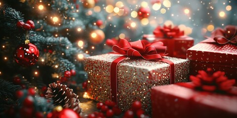 Glittering Christmas presents with festive tree decor. Sparkling Christmas presents with red bows under a decorated Christmas tree with red baubles and pine cones, conveying warmth and holiday cheer.