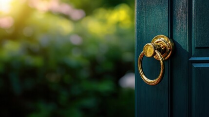 Elegant door knocker on a dark green door in a tranquil garden setting.