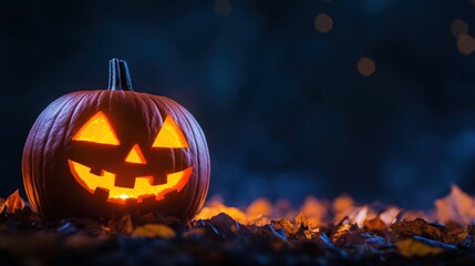Halloween pumpkin with glowing face, surrounded by autumn leaves, dark background.