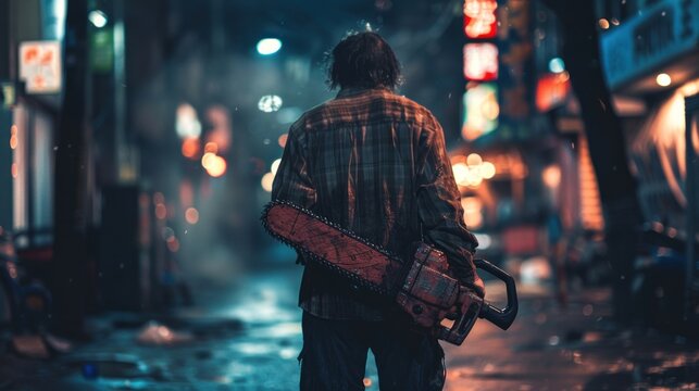 Scary psychopath holding chainsaw on dark city street AI generated image