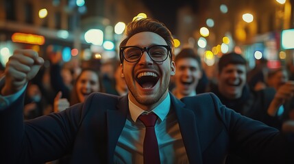 Excited businessman cheering amidst crowd at night. Young businessman in a suit cheering with excitement during a nighttime celebration, expressing joy and business success in a public setting.
