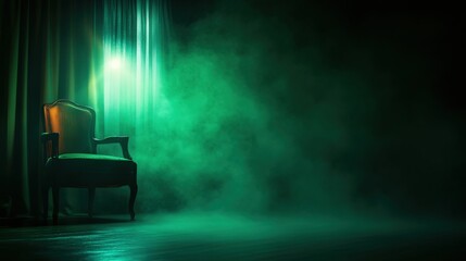 Mysterious chair surrounded by fog with dramatic green lighting.