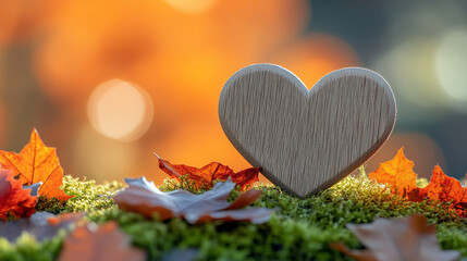 wooden heart rests on vibrant moss, surrounded by orange autumn leaves. This serene fall scene evokes feelings of warmth, love, and the natural cycles of life, blending nature and emotion