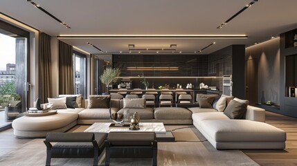 Fototapeta premium Luxurious living room and dining area with comfortable sofa and armchairs AI generated image