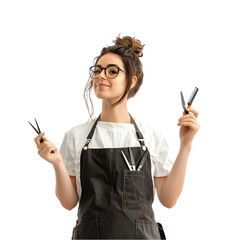 Stylist in Apron Holding Scissors and Tools