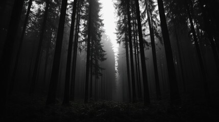 Fototapeta premium Mysterious forest with tall trees shrouded in fog and low light.
