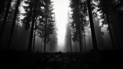 Obraz premium Mysterious forest with tall trees shrouded in mist and shadows, creating a surreal atmosphere.