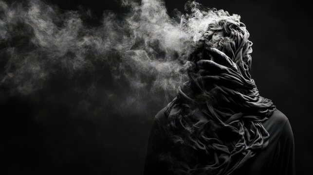 Mysterious figure with smoke, evoking deep thoughts and emotions.
