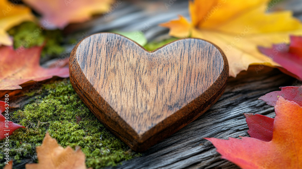 Canvas Prints wooden heart rests on vibrant moss, surrounded by orange autumn leaves. This serene fall scene evokes feelings of warmth, love, and the natural cycles of life, blending nature and emotion