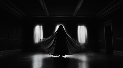 Silhouette figure draped in black, standing in a dark room with light streaming through.