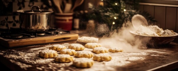 Cozy kitchen scene with freshly baked cookies dusted in flour, evoking warmth and festive spirit during the holiday season.