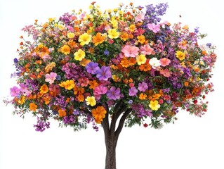 Fototapeta premium A tree covered in colorful flowers, isolated on a plain white background, with detailed close-up of the blooms