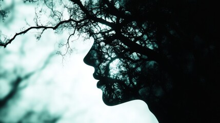 Silhouette of a person blending with nature, showcasing inner thoughts and emotions.