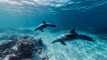 Fototapeta premium Two dolphins swim in clear blue water over a coral reef.