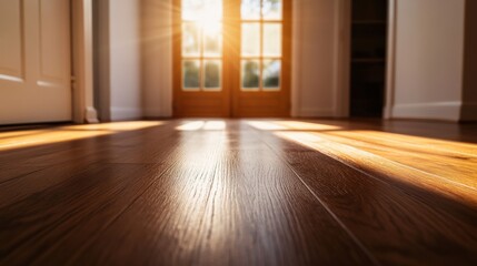 Sunlight streaming through an open door, illuminating a wooden floor.