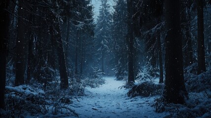 A Snowy Path Through a Dense Coniferous Forest at Night
