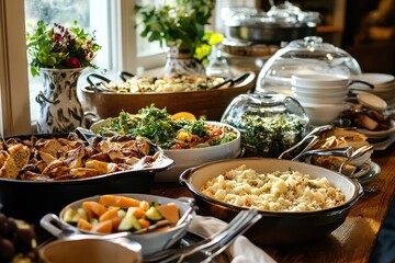 A delicious spread of food on a wooden table.