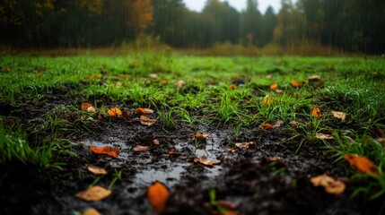 Obraz premium Wet grass and fallen leaves on a muddy field during an autumn day.