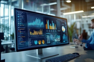A desktop computer with a large screen showing various colorful graphs and charts, with a blurred background of a modern office.