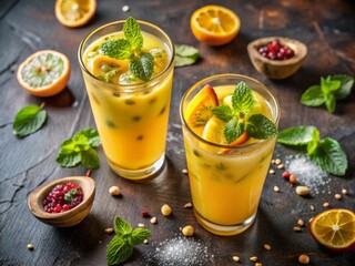 Fototapeta premium Chill with a zesty yellow cocktail in tall glasses, adorned with vibrant passion fruit, fresh mint leaves, and
