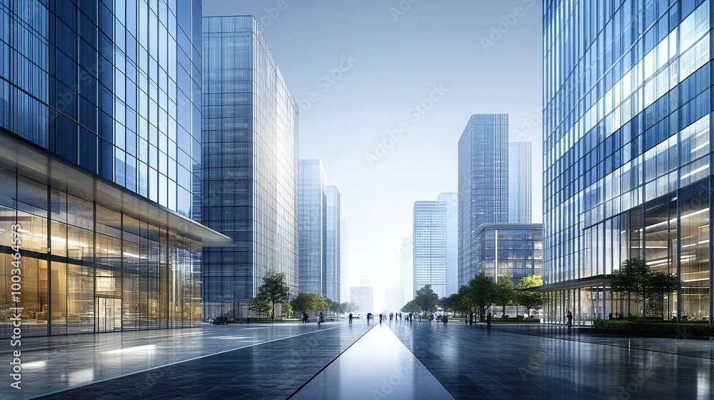 Poster Modern Cityscape with Glass Buildings and Clear Sky