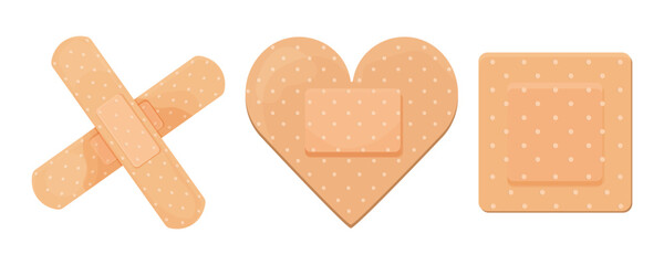 Medical plaster, strip. Breathable patch set. Firs aid tape, Different shapes. Recovery tape isolated on white background