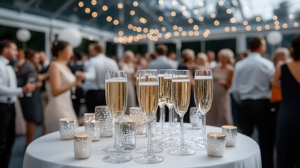 Champagne glasses on a table at a festive celebration with blurred guests in background.