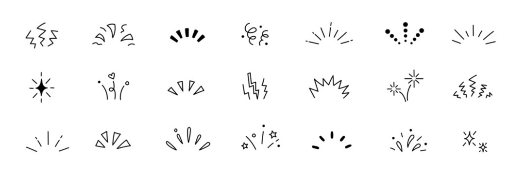 Line confetti exclamation icon elements. Hand drawn confetti explosion burst ray shine line icon illustration. Spark exclamation emphasis ray twinkle starburst decoration. Vector illustration.
