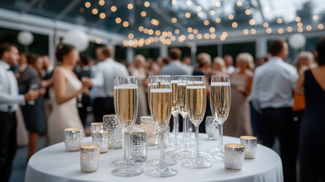 Champagne glasses on a table at a festive celebration with blurred guests in background.
