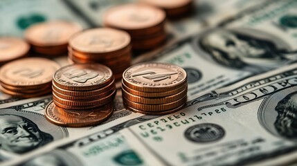 Stacks of copper coins on American dollar bills. Stacks of copper coins are placed on top of American dollar bills, representing financial savings, currency, and economic stability.