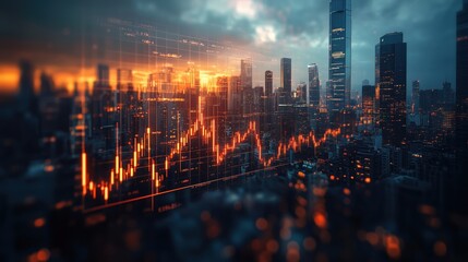 Fototapeta premium Stock market graph overlay on city skyline at dusk. Vibrant stock market graph overlay is shown against a city skyline at dusk, symbolizing financial markets, economy trends, and investment activity.