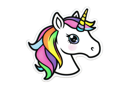 A vibrant and whimsical unicorn head illustration featuring a colorful mane and a shimmering horn, perfect for magical themes.