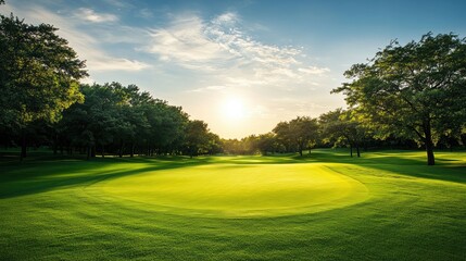 Fototapeta premium Beautiful golf course with emerald green grass, framed by dense woods, offering a calm and scenic sports environment.