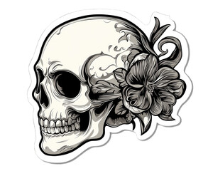 Obraz premium A detailed skull illustration adorned with floral elements, symbolizing the fusion of life and death in art.