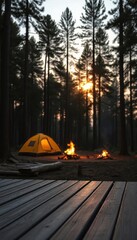 Cozy forest campsite with integrated wooden platform, perfect for showcasing outdoor products